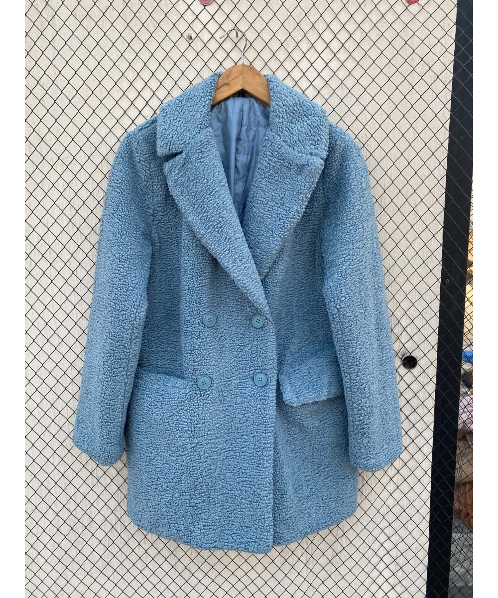 Blue, teddy, double-breasted coat