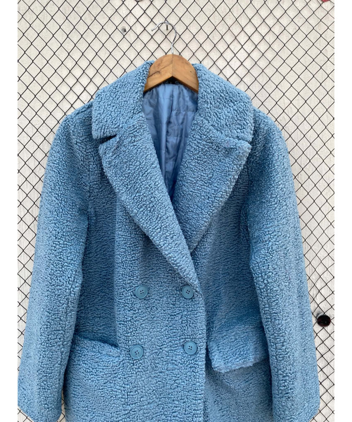 Blue, teddy, double-breasted coat