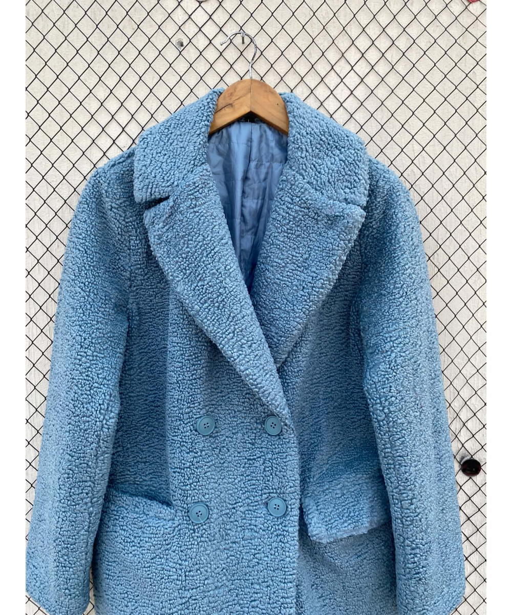 Blue, teddy, double-breasted coat