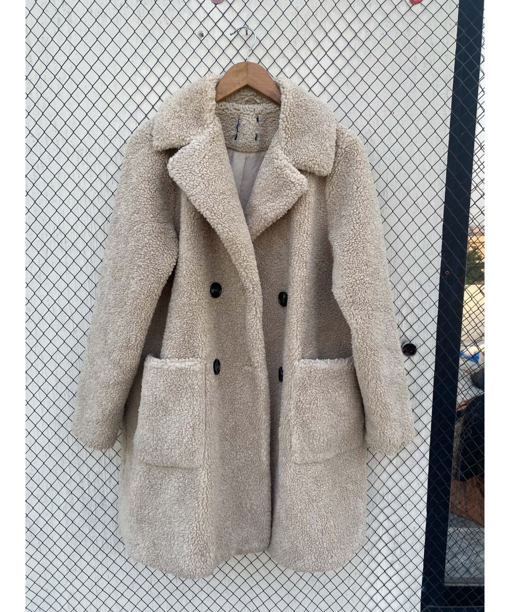 Beige, teddy, double-breasted coat