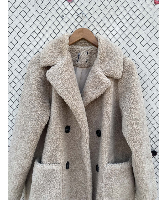 Beige, teddy, double-breasted coat