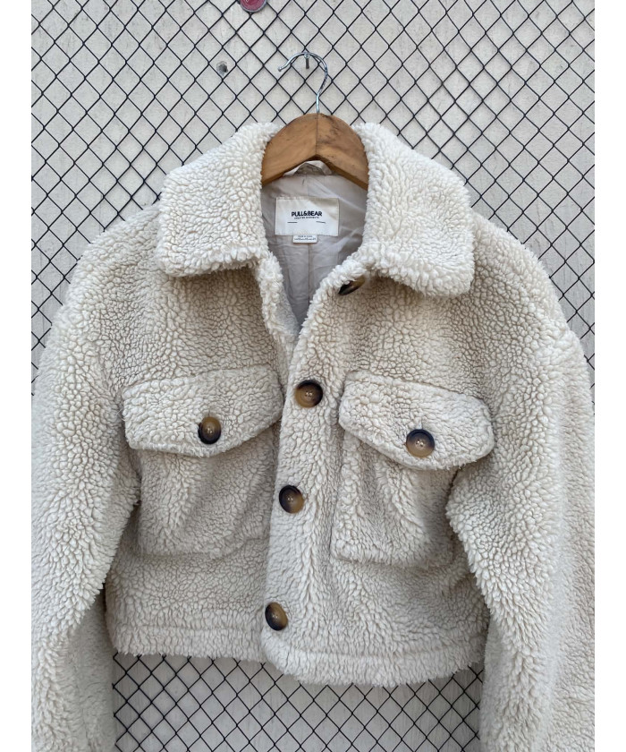 Cream-colored, crop, teddy jacket
