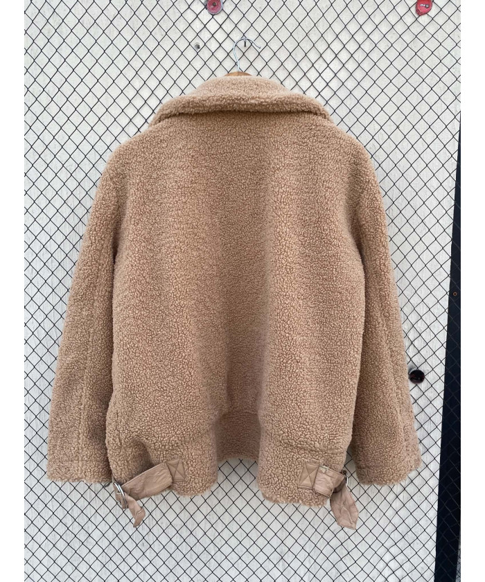 Amber brown-colored, teddy, zipper jacket