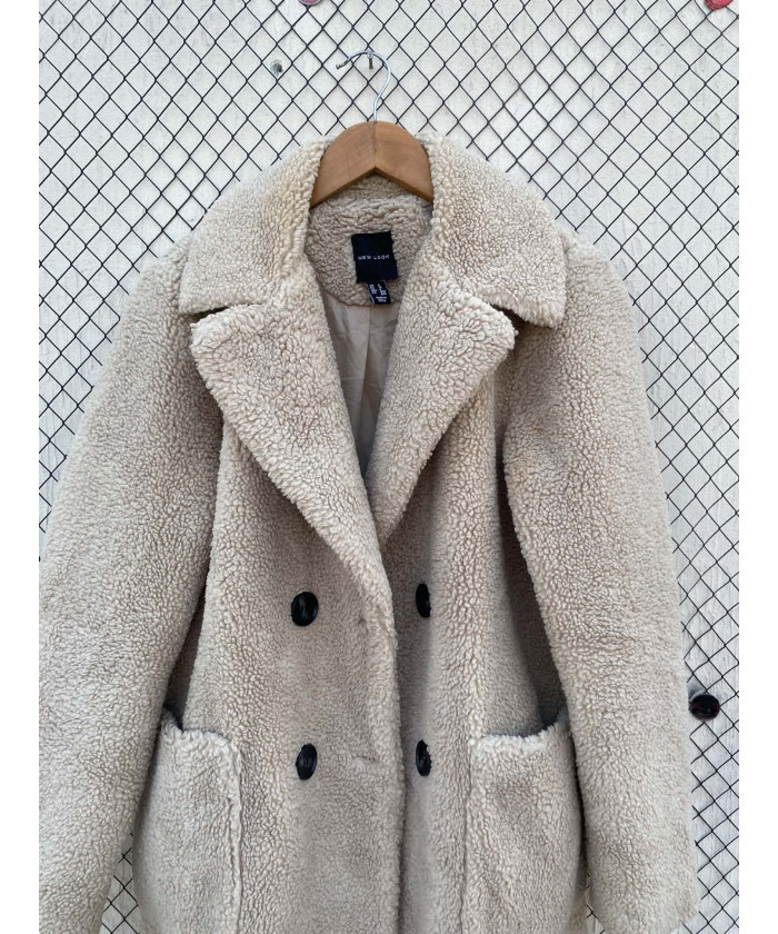 Beige, teddy, double-breasted coat