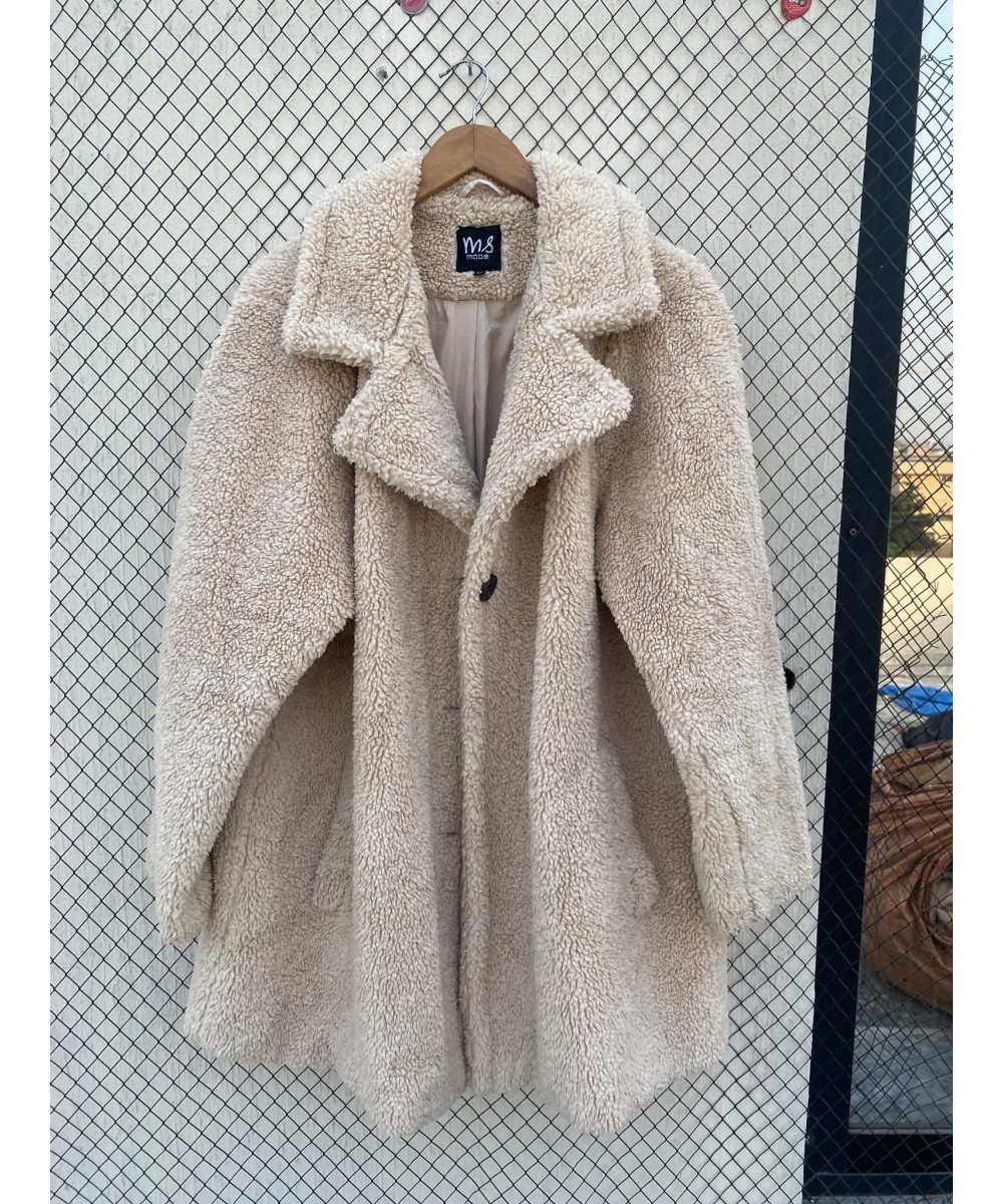 Cream-colored, long, teddy coat