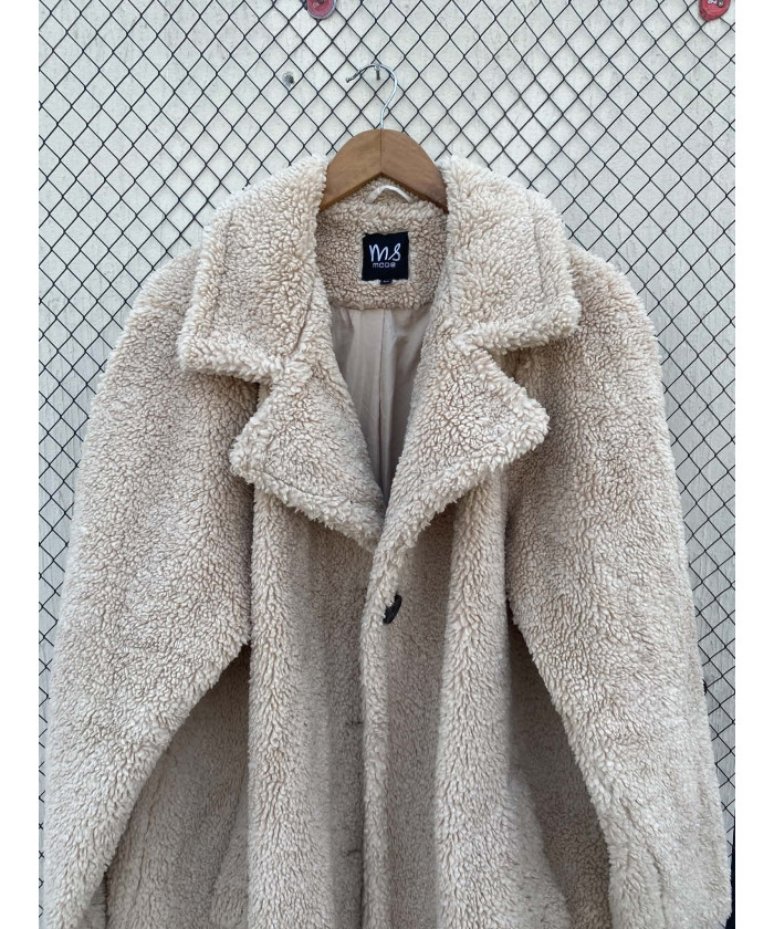 Cream-colored, long, teddy coat