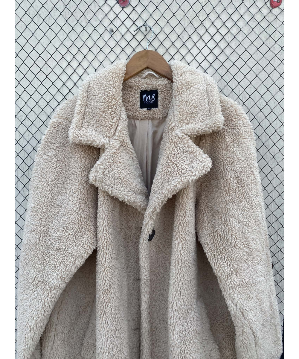 Cream-colored, long, teddy coat