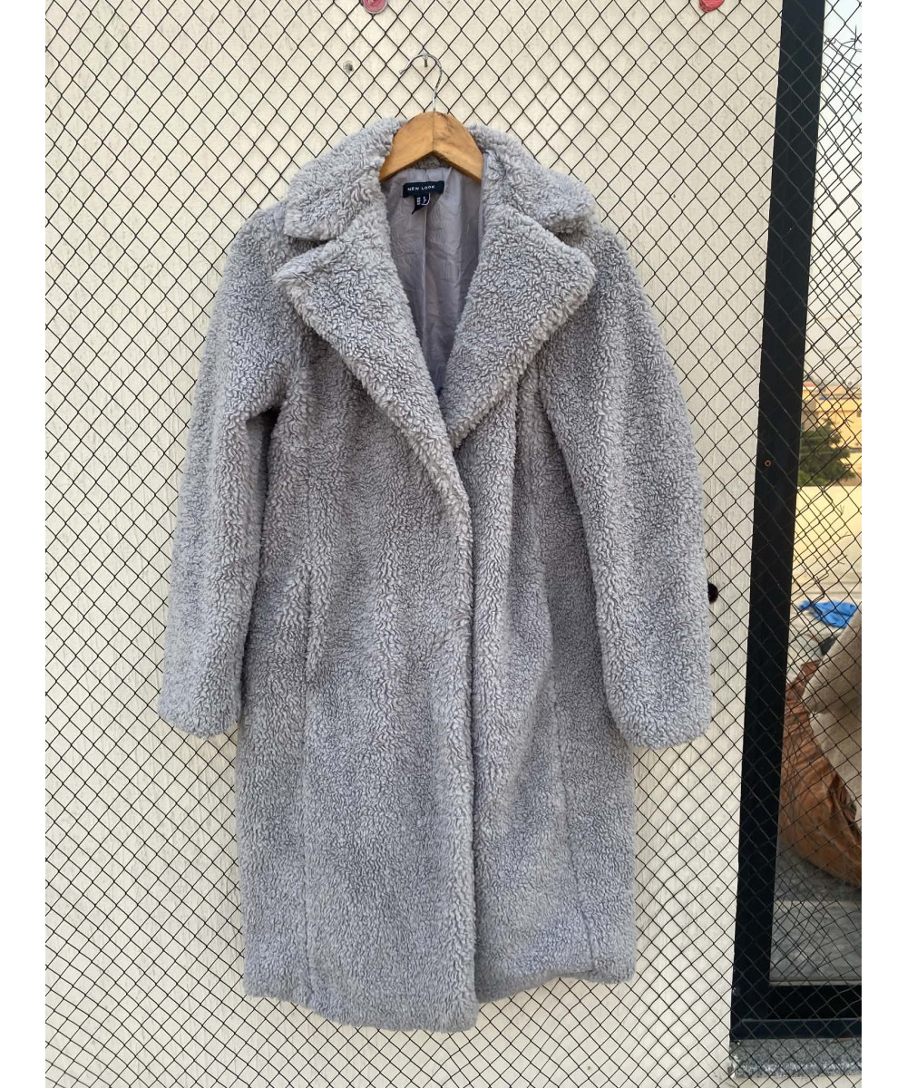 Ice gray-colored, long, teddy coat