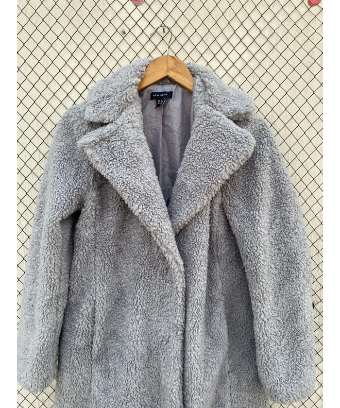 Ice gray-colored, long, teddy coat