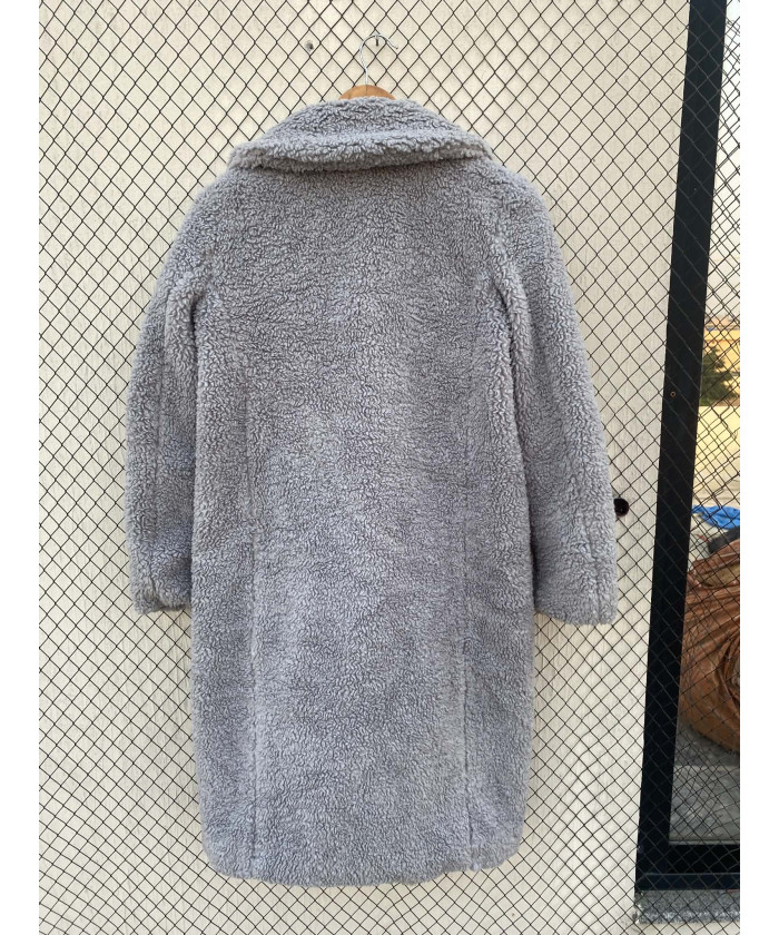 Ice gray-colored, long, teddy coat