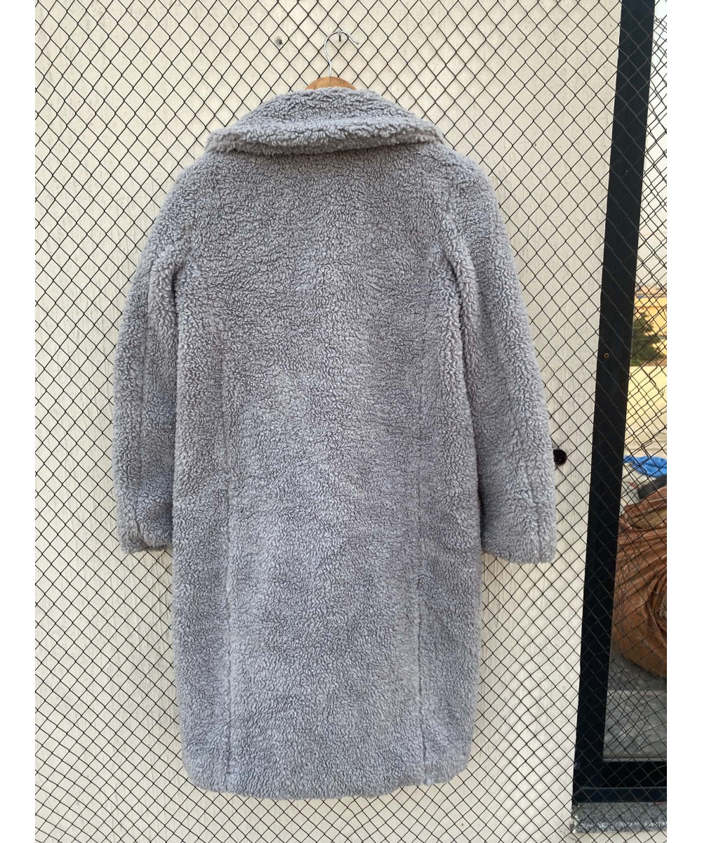 Ice gray-colored, long, teddy coat