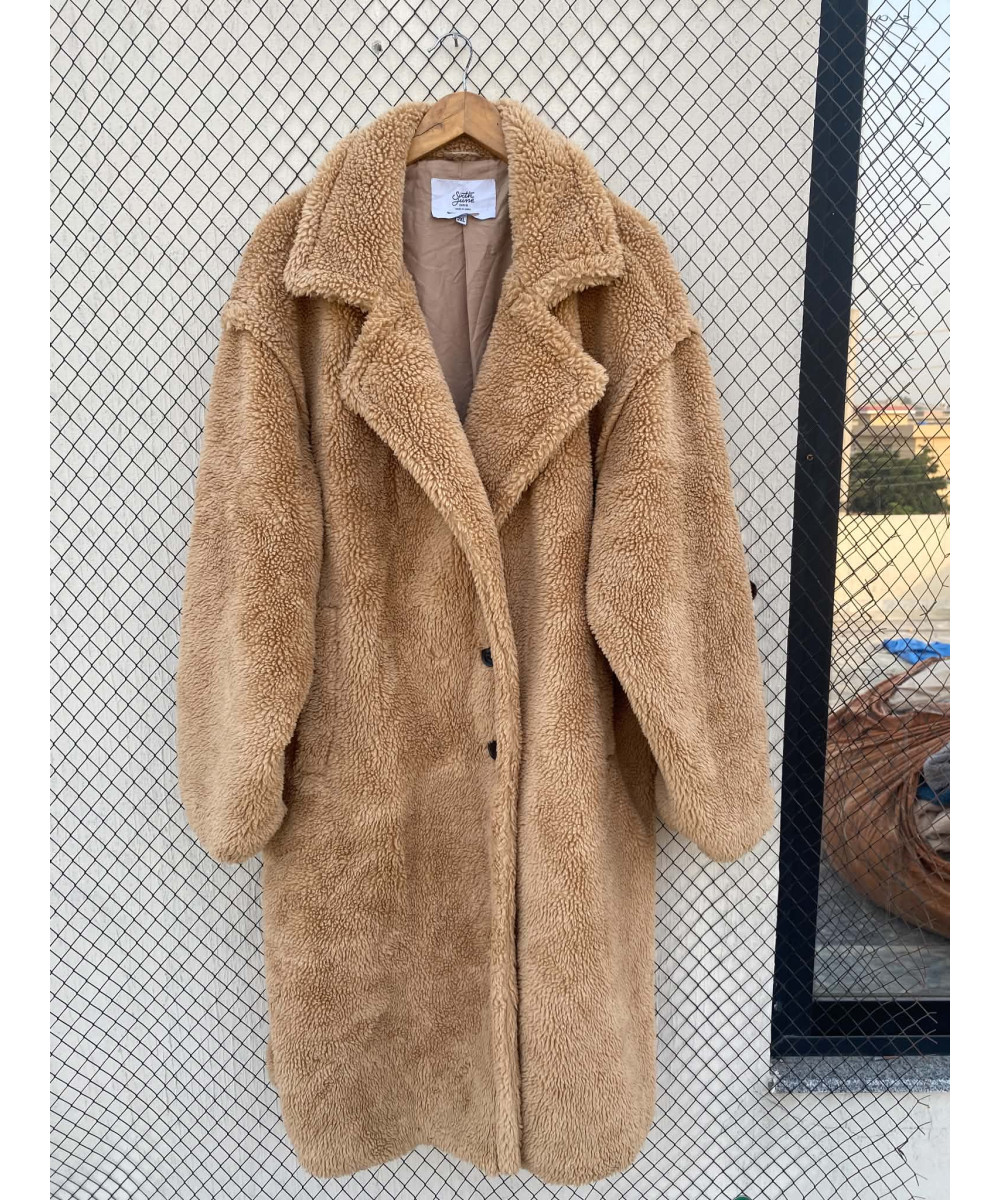 Camel-colored, long, teddy coat