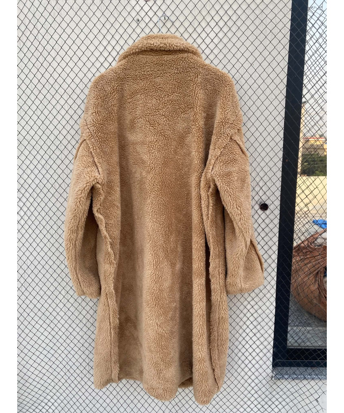 Camel-colored, long, teddy coat