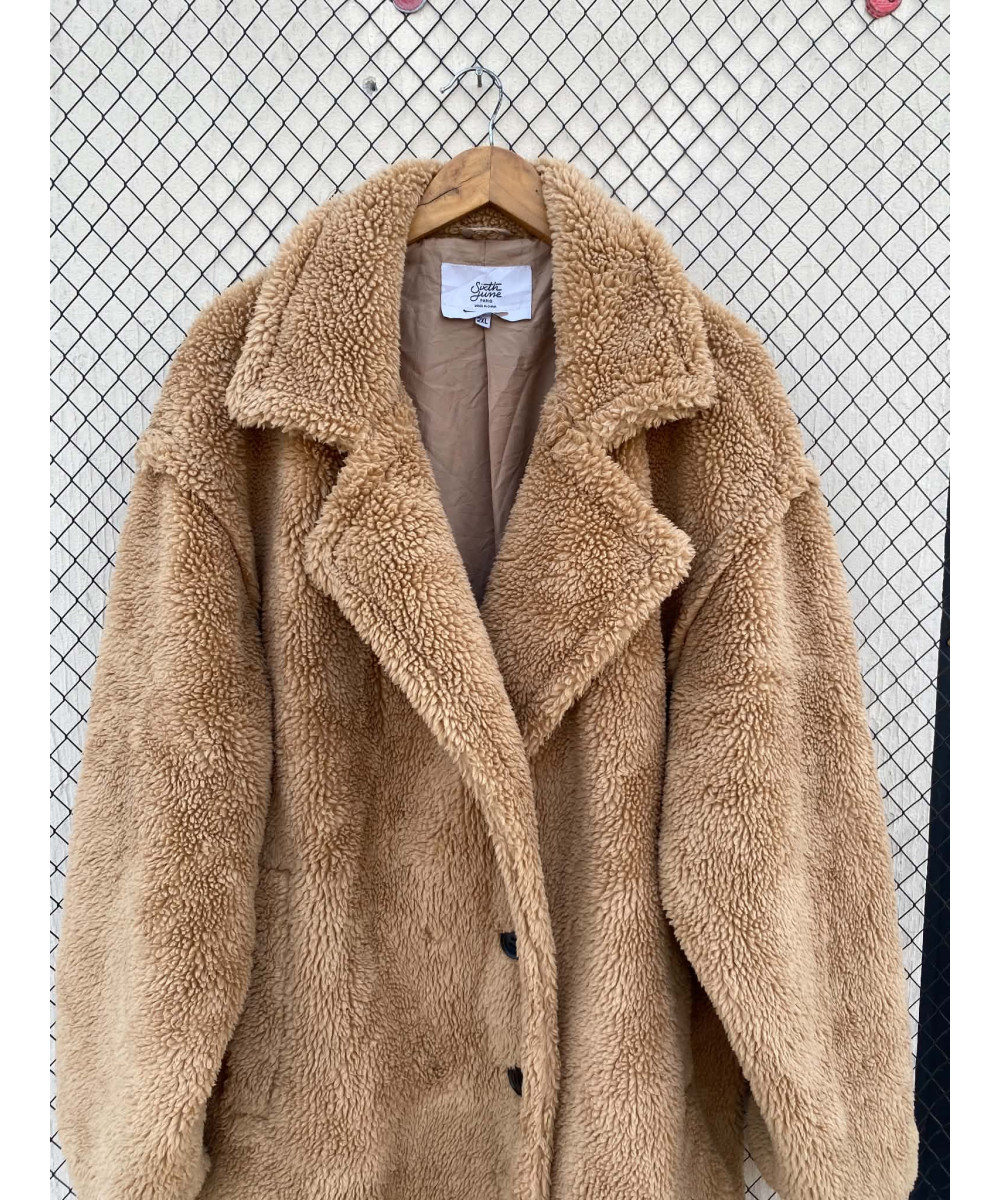 Camel-colored, long, teddy coat