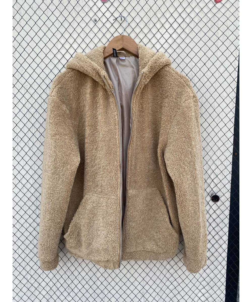 Camel-colored, teddy, zipper, hooded jacket