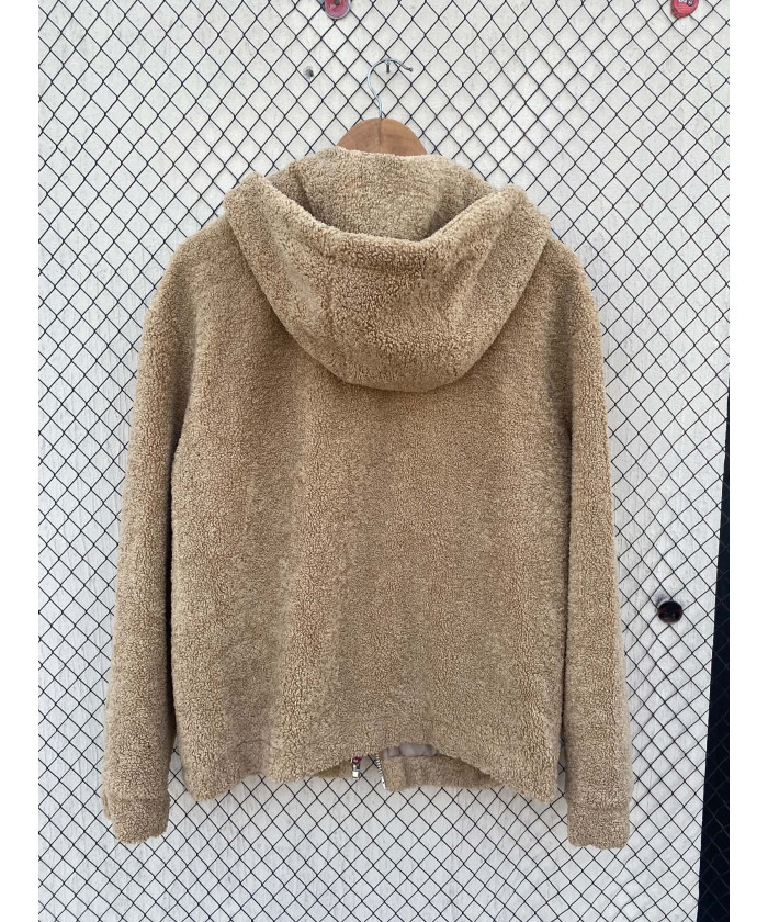 Camel-colored, teddy, zipper, hooded jacket
