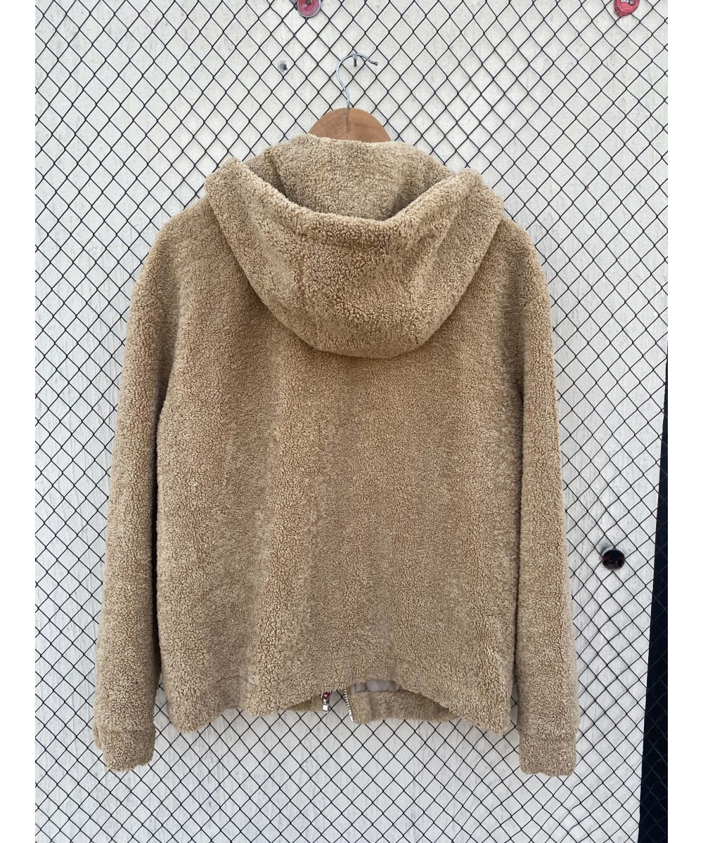 Camel-colored, teddy, zipper, hooded jacket