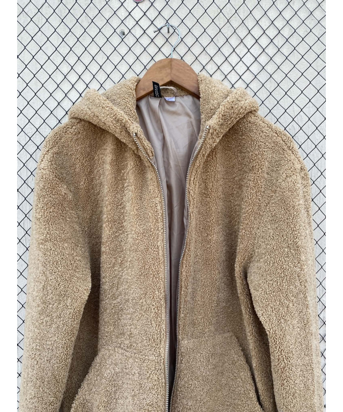 Camel-colored, teddy, zipper, hooded jacket