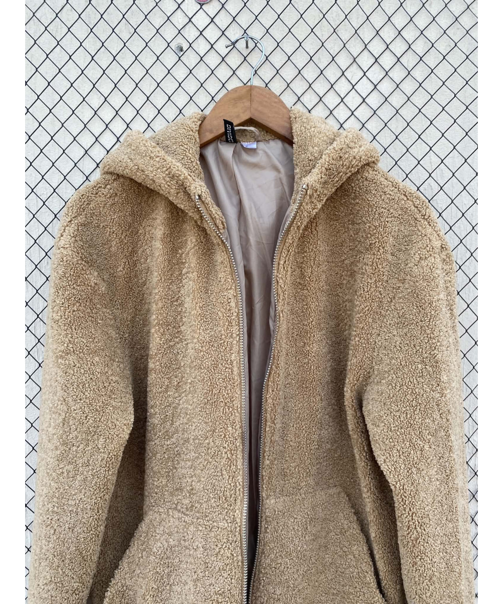 Camel-colored, teddy, zipper, hooded jacket