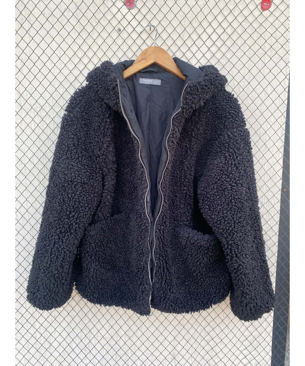 Black, teddy, hooded, zipper jacket