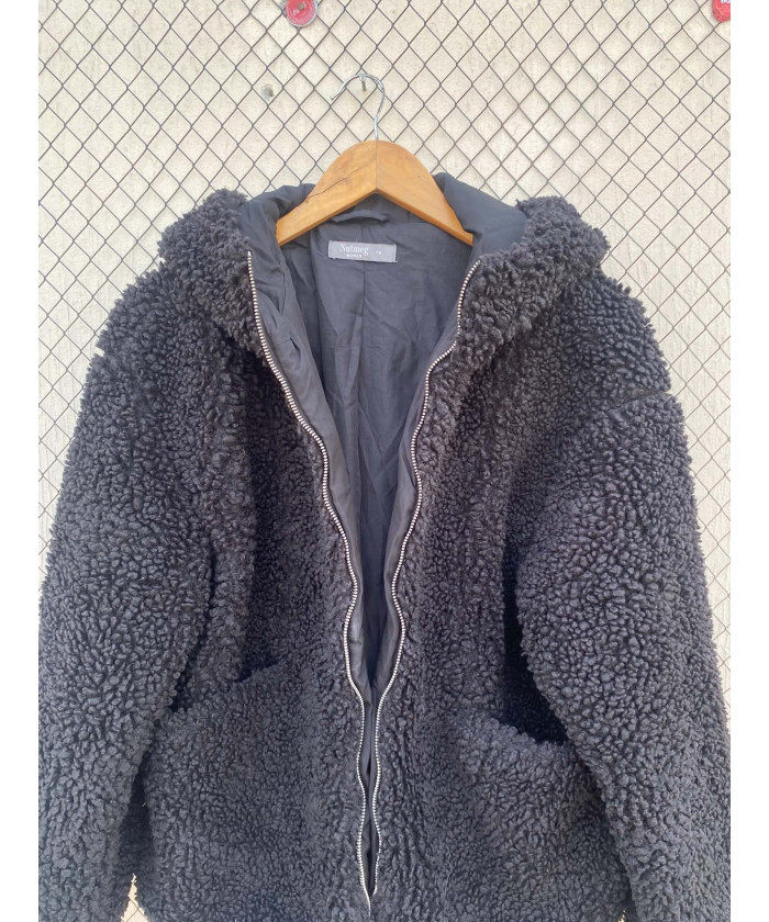 Black, teddy, hooded, zipper jacket