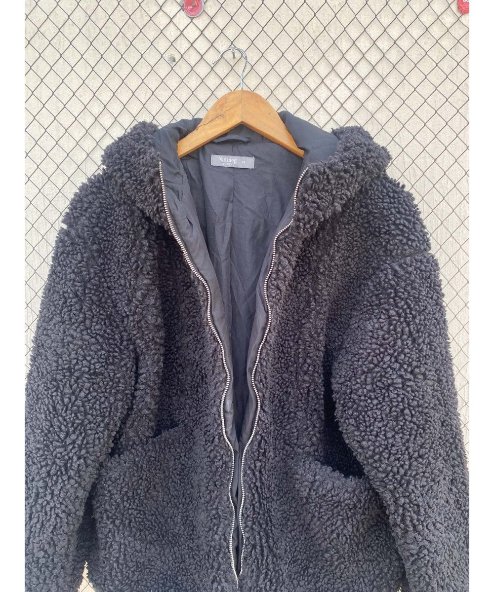 Black, teddy, hooded, zipper jacket