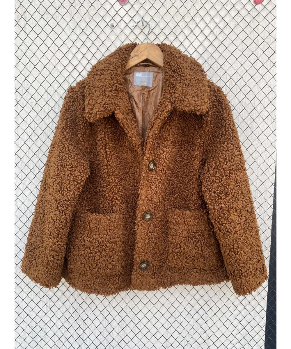 Rust brown-colored, teddy, button-up jacket