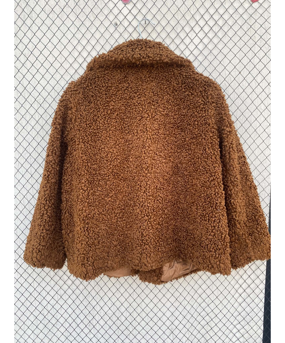 Rust brown-colored, teddy, button-up jacket