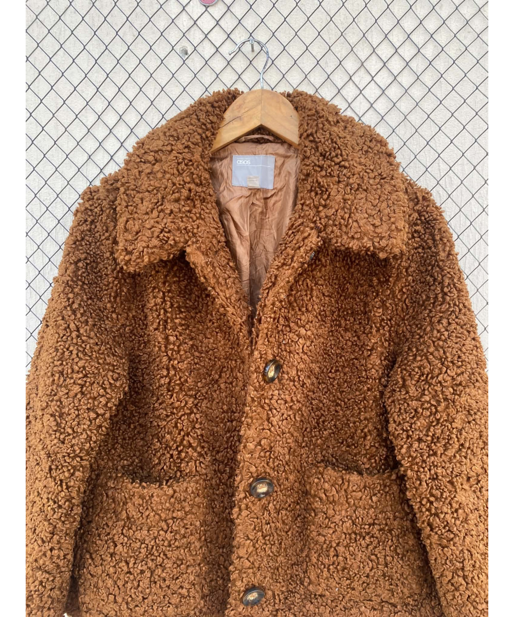Rust brown-colored, teddy, button-up jacket