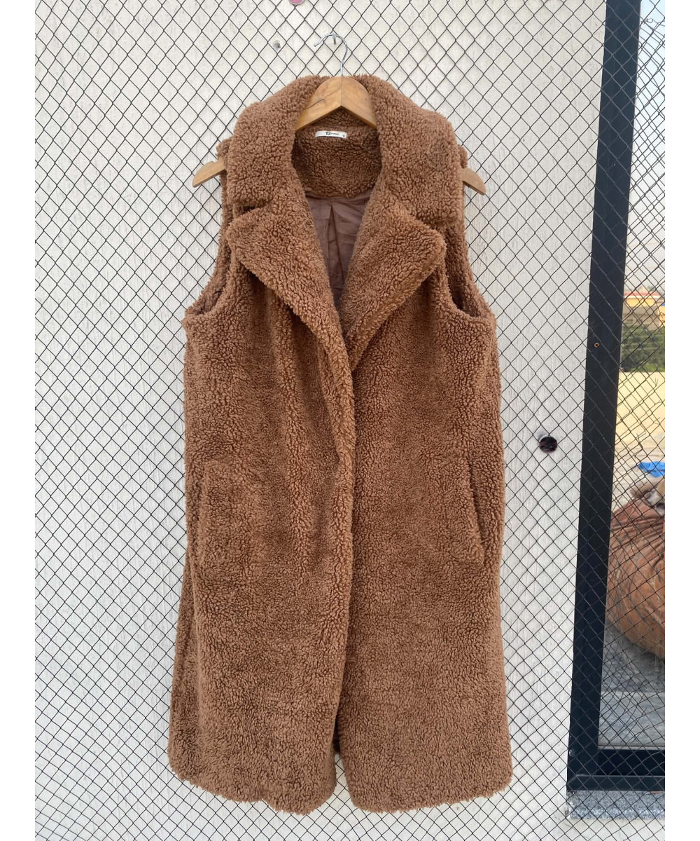 Brown, teddy, long, sleeveless coat