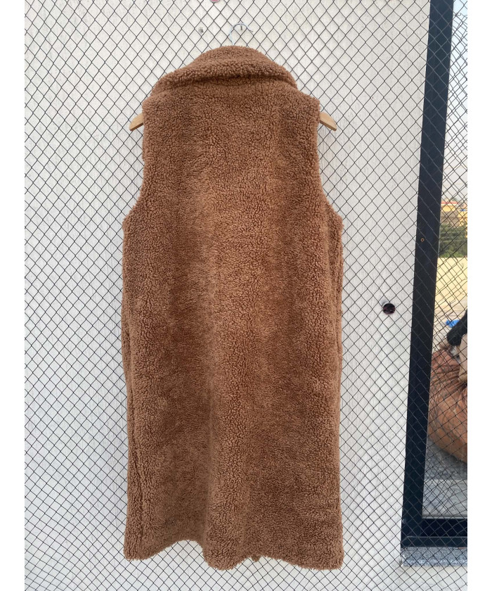 Brown, teddy, long, sleeveless coat