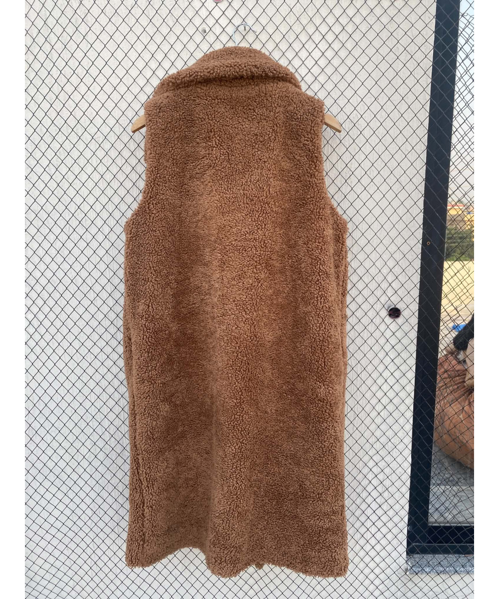 Brown, teddy, long, sleeveless coat