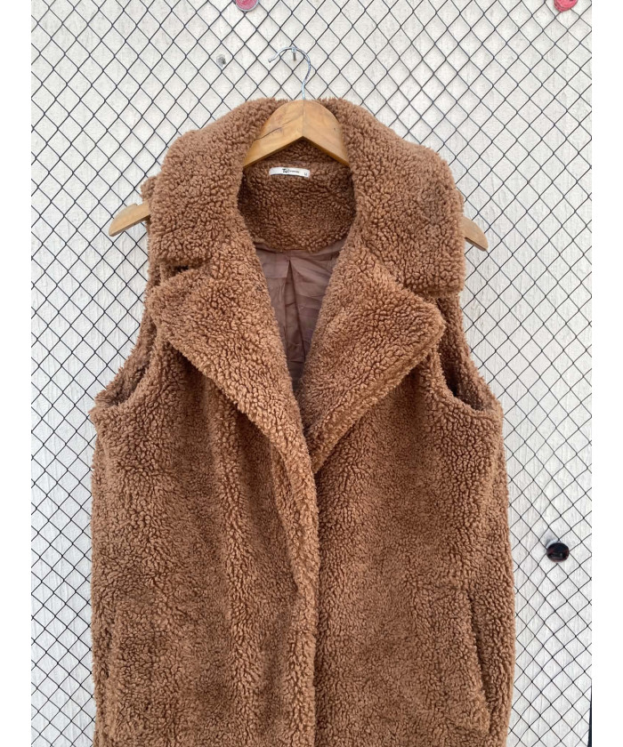 Brown, teddy, long, sleeveless coat
