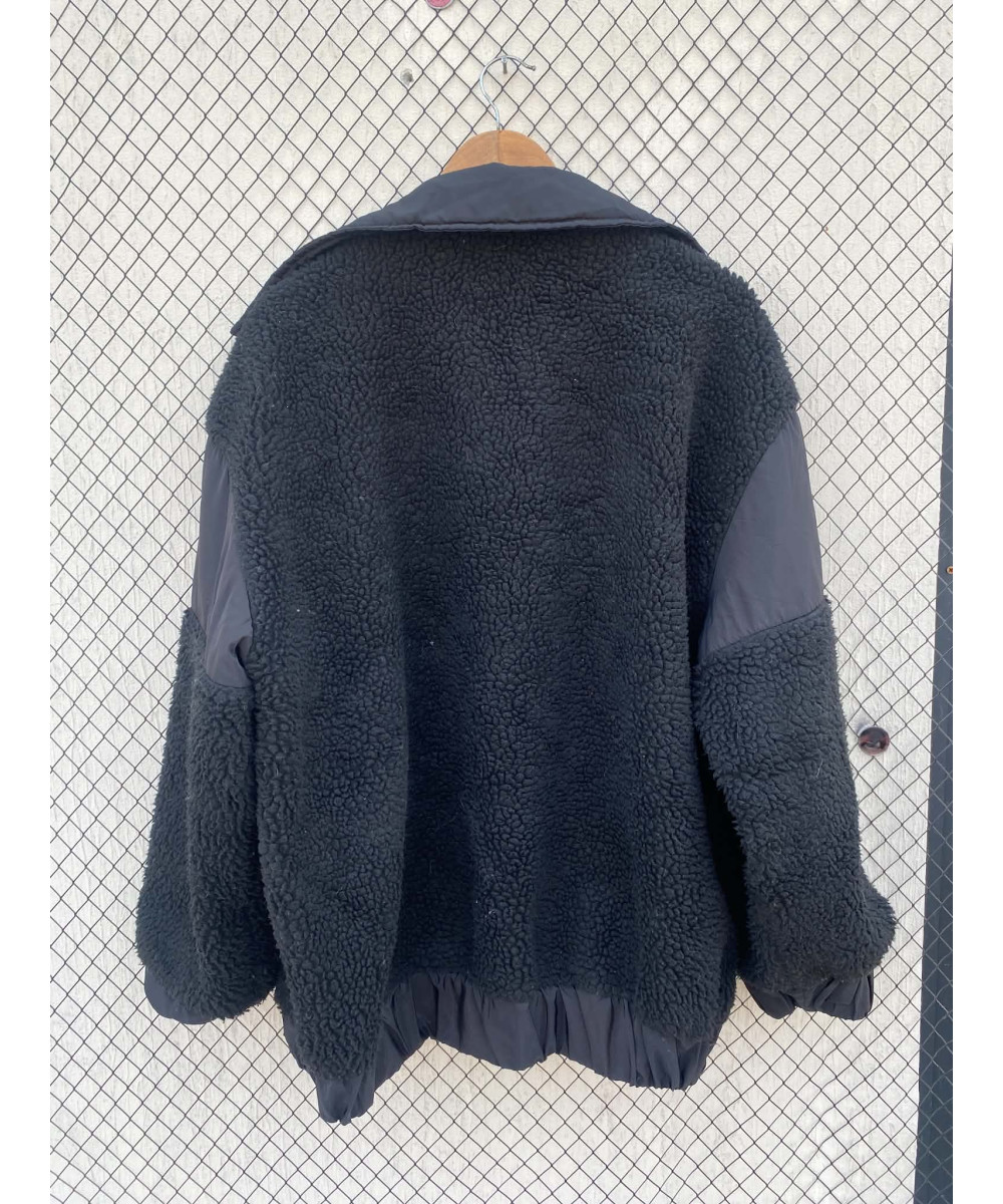 Black, teddy, oversized, zipper jacket