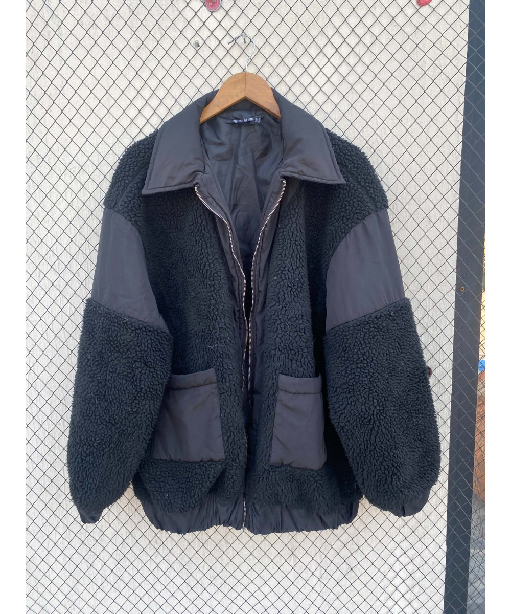Black, teddy, oversized, zipper jacket