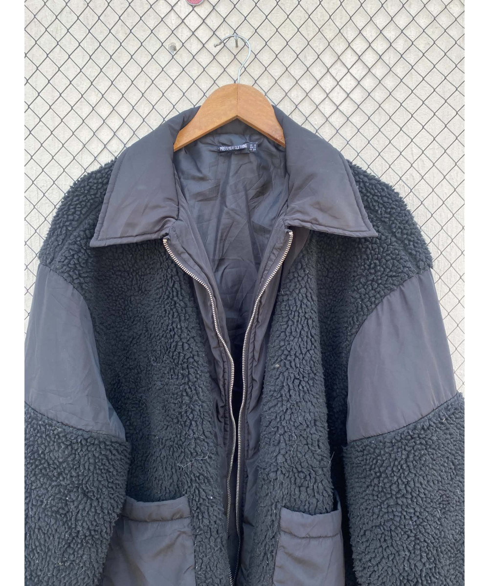 Black, teddy, oversized, zipper jacket