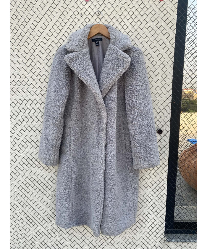 Light gray, long, teddy coat