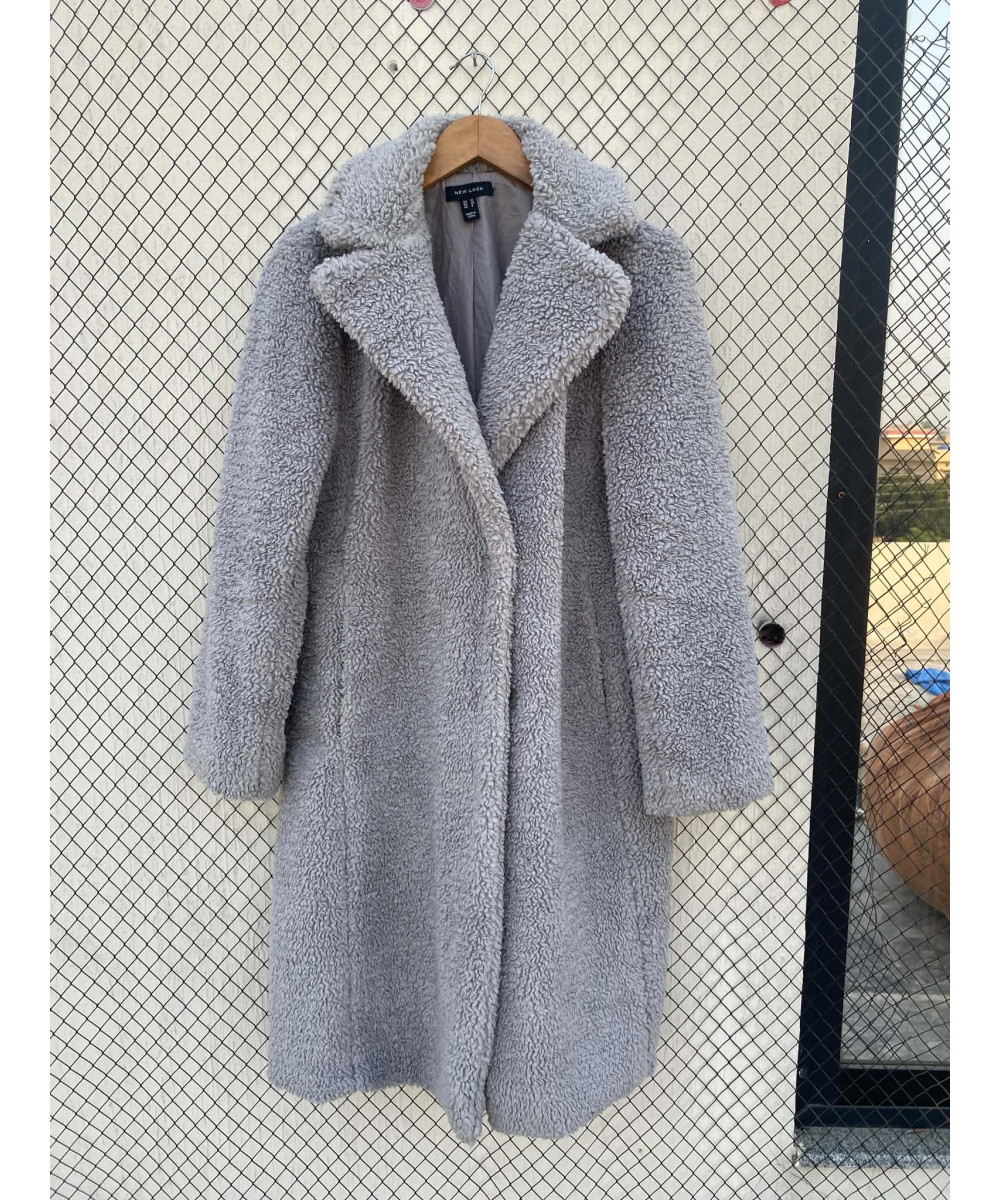 Light gray, long, teddy coat