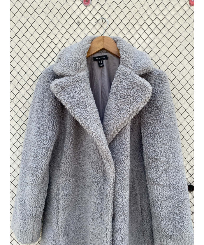 Light gray, long, teddy coat