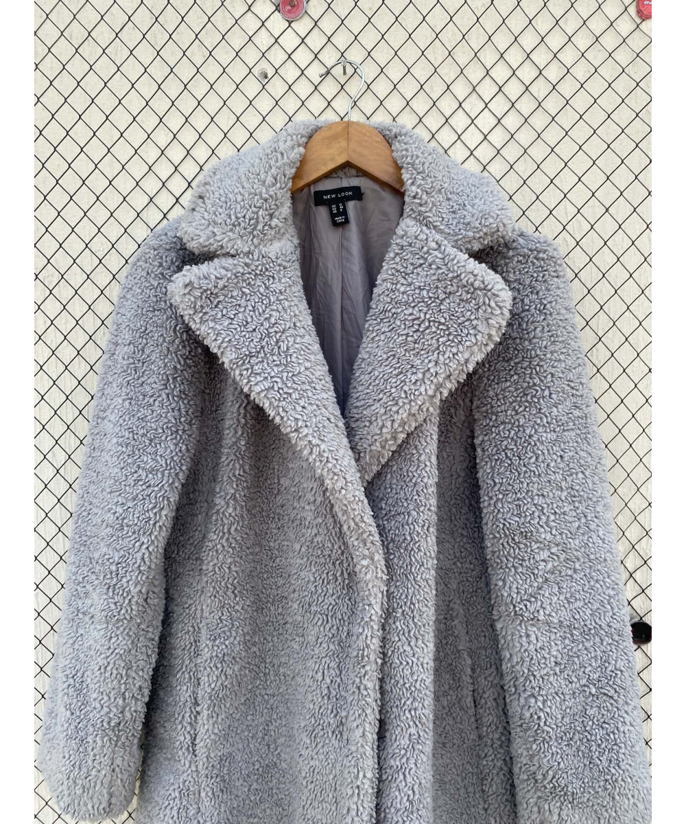 Light gray, long, teddy coat