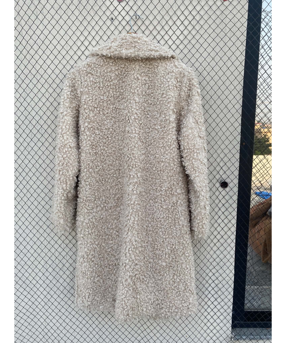 Cream-colored, long, faux fur coat