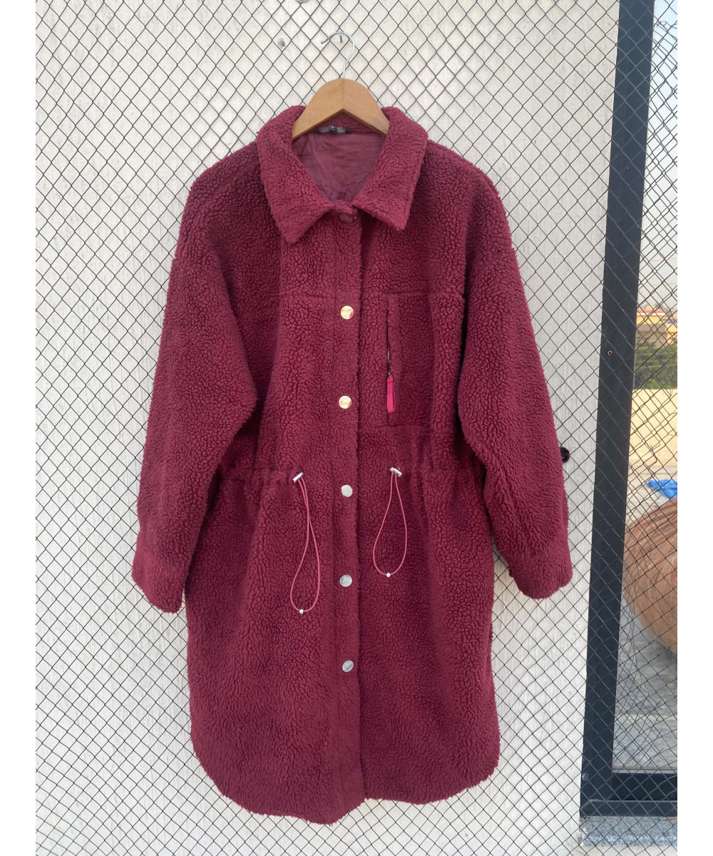 Maroon, long, teddy, button-up jacket