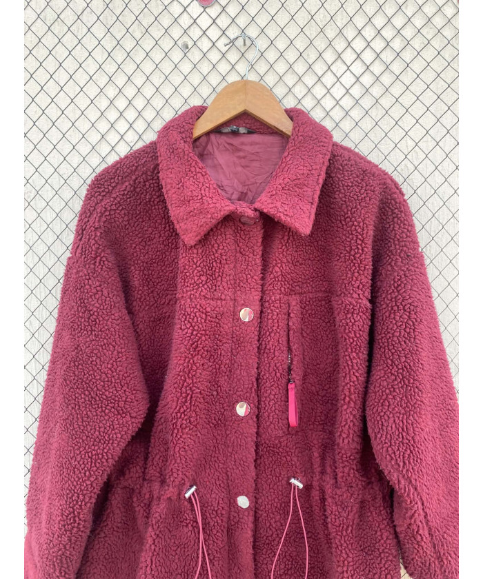 Maroon, long, teddy, button-up jacket
