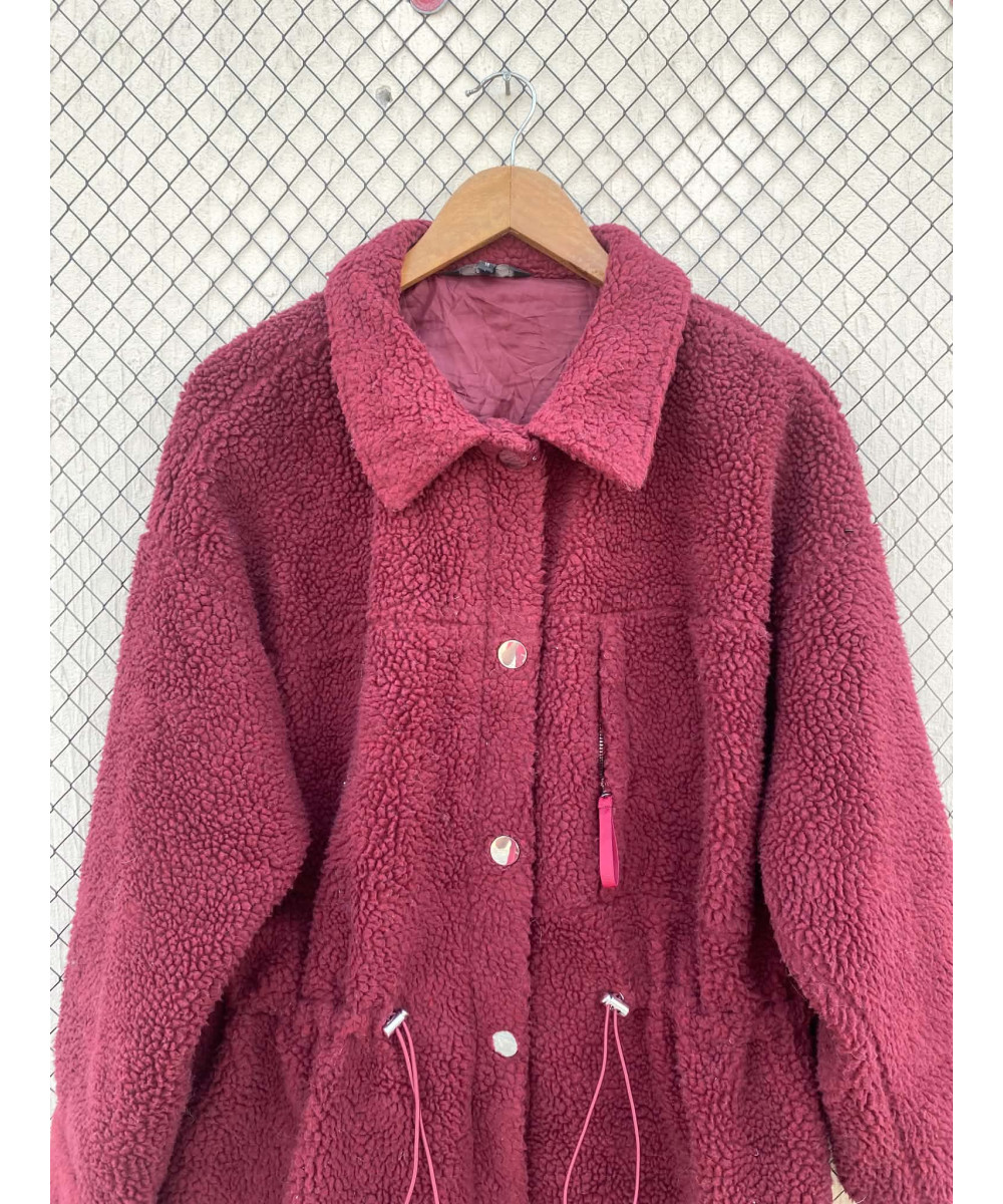 Maroon, long, teddy, button-up jacket