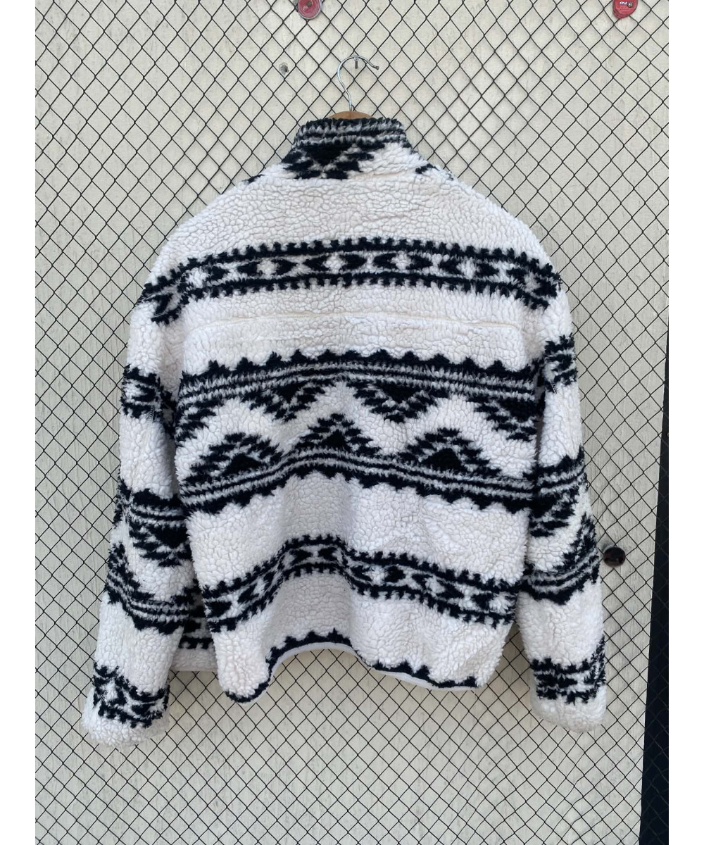 White, patterned, teddy, zipper jacket